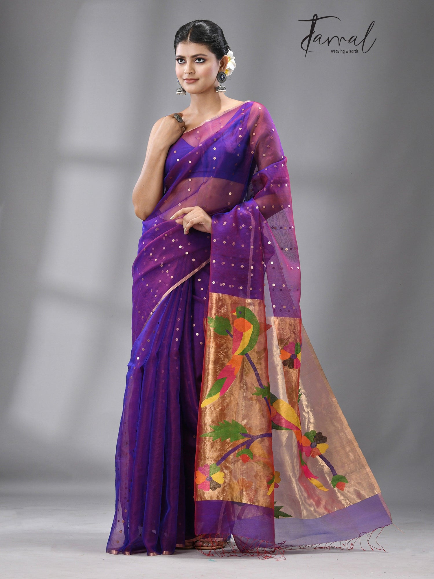 Dual tone blue Parrot Organza silk paithani sequins saree - Tamal Boutique