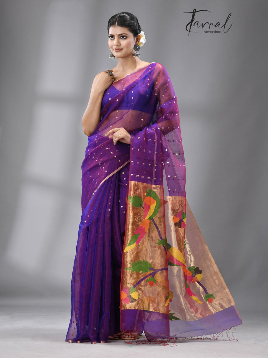 Dual tone blue Parrot Organza silk paithani sequins saree - Tamal Boutique