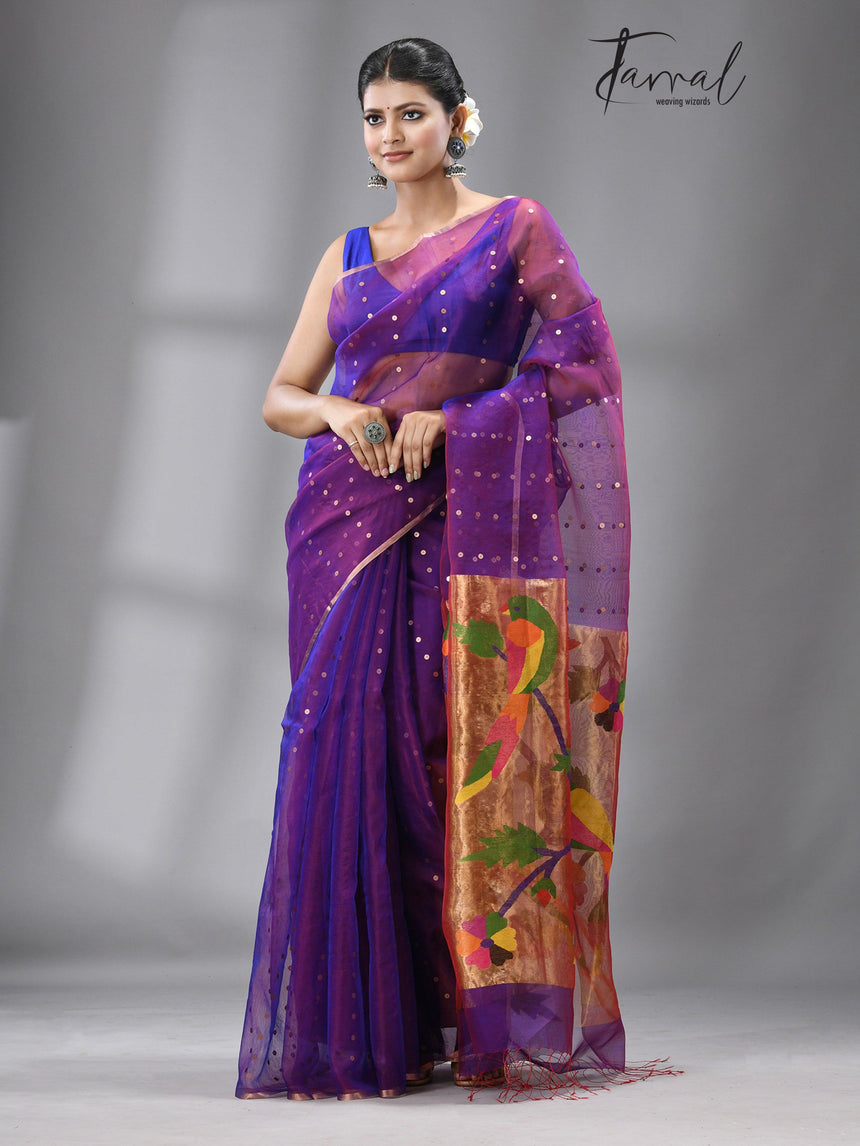 Dual tone blue Parrot Organza silk paithani sequins saree - Tamal Boutique