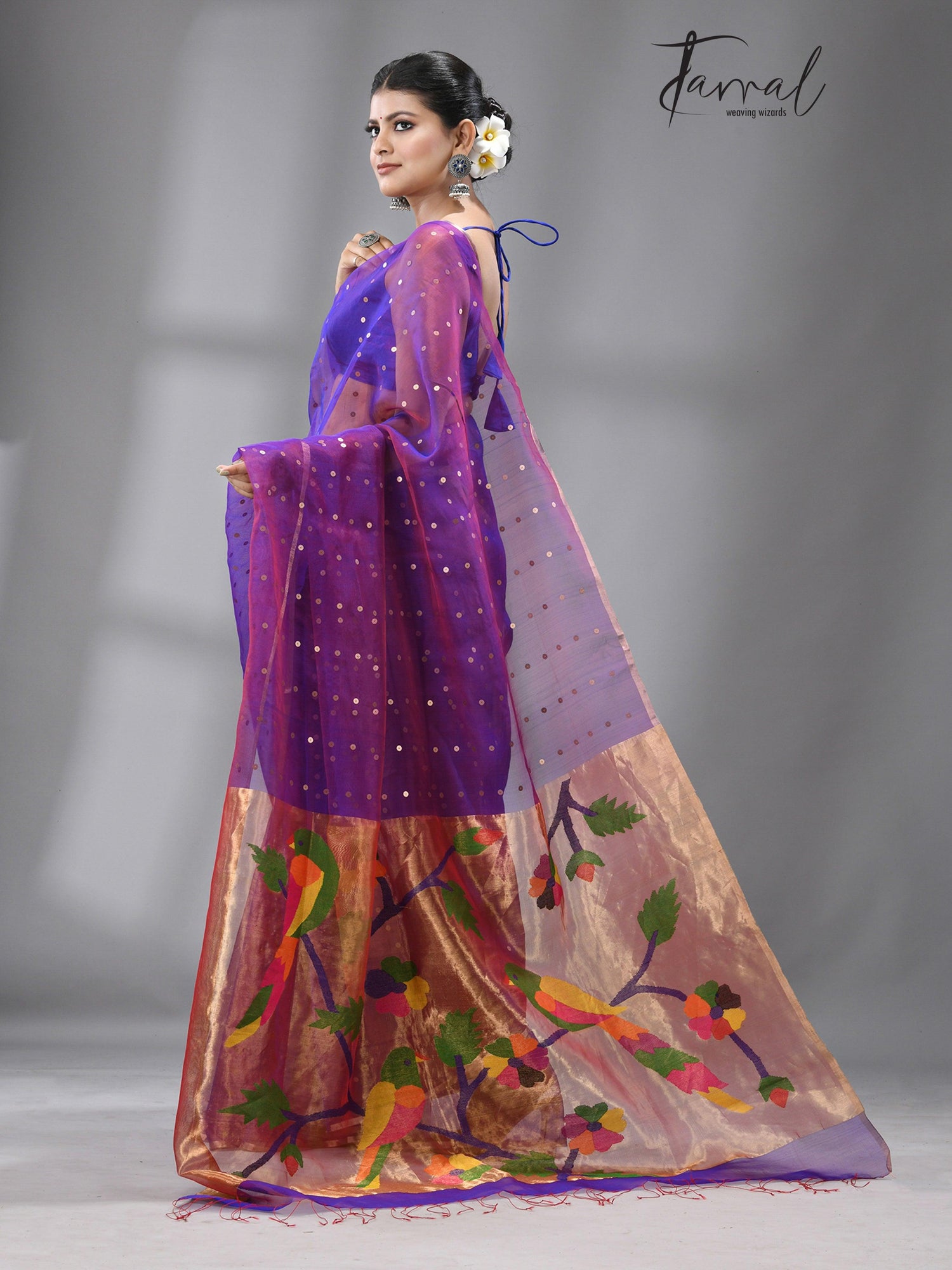 Dual tone blue Parrot Organza silk paithani sequins saree - Tamal Boutique