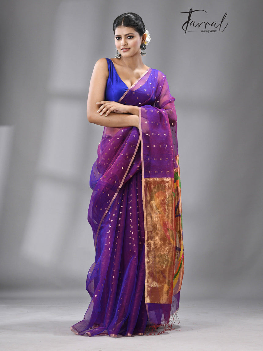 Dual tone blue Parrot Organza silk paithani sequins saree - Tamal Boutique