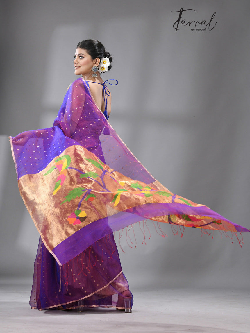 Dual tone blue Parrot Organza silk paithani sequins saree - Tamal Boutique
