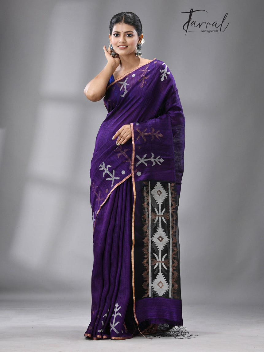 Purple colour traditional handwoven matka silk handwoven jamdani saree - Tamal Boutique
