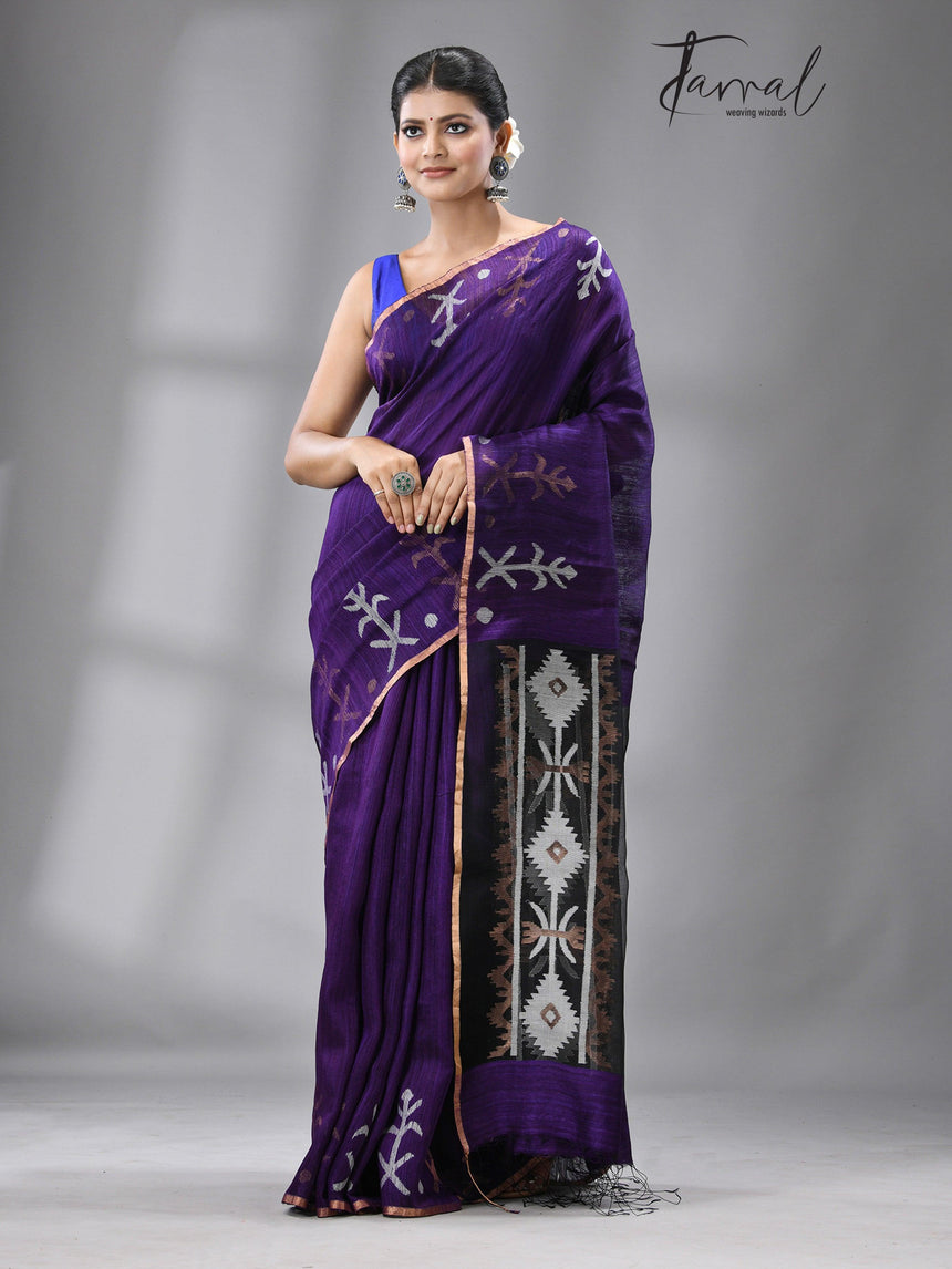 Purple colour traditional handwoven matka silk handwoven jamdani saree - Tamal Boutique