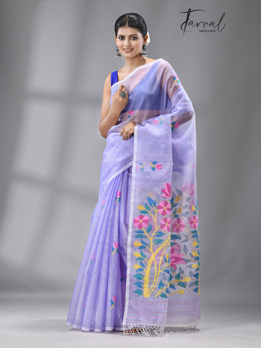 Periwinkle dreams muslin silk handwoven jamdani saree - Tamal Boutique