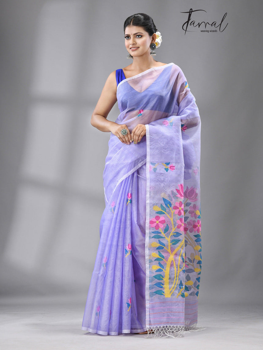 Periwinkle dreams muslin silk handwoven jamdani saree - Tamal Boutique