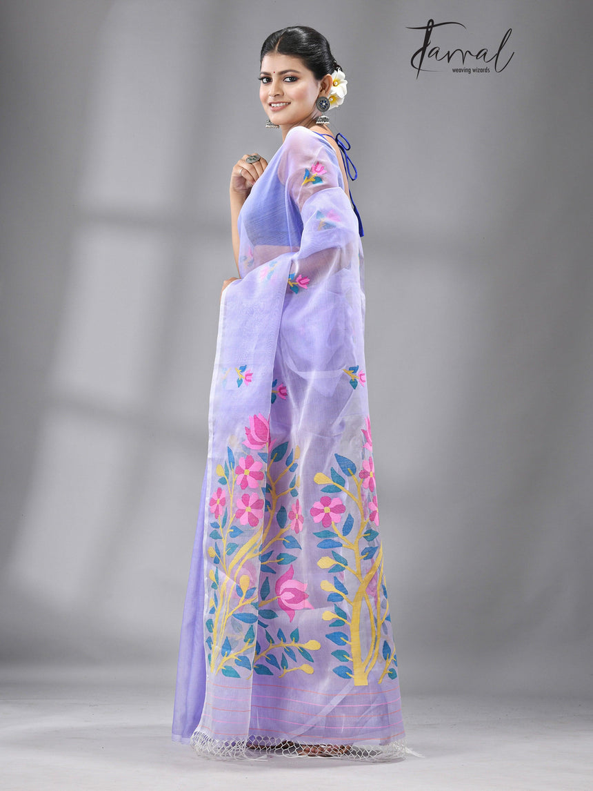 Periwinkle dreams muslin silk handwoven jamdani saree - Tamal Boutique
