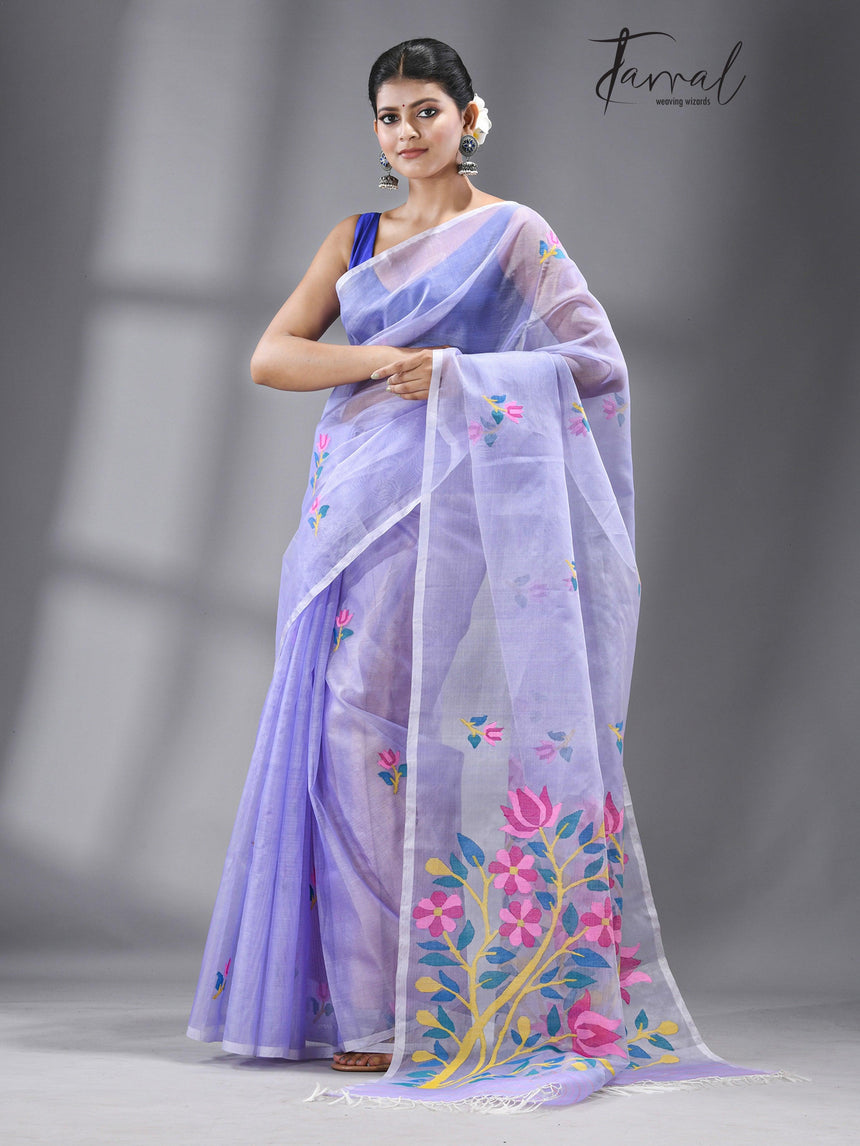 Periwinkle dreams muslin silk handwoven jamdani saree - Tamal Boutique