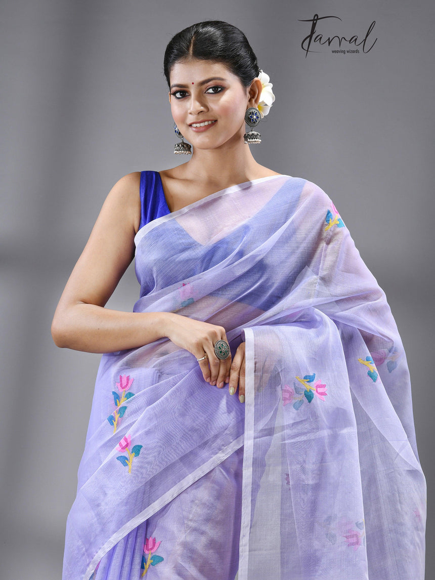Periwinkle dreams muslin silk handwoven jamdani saree - Tamal Boutique
