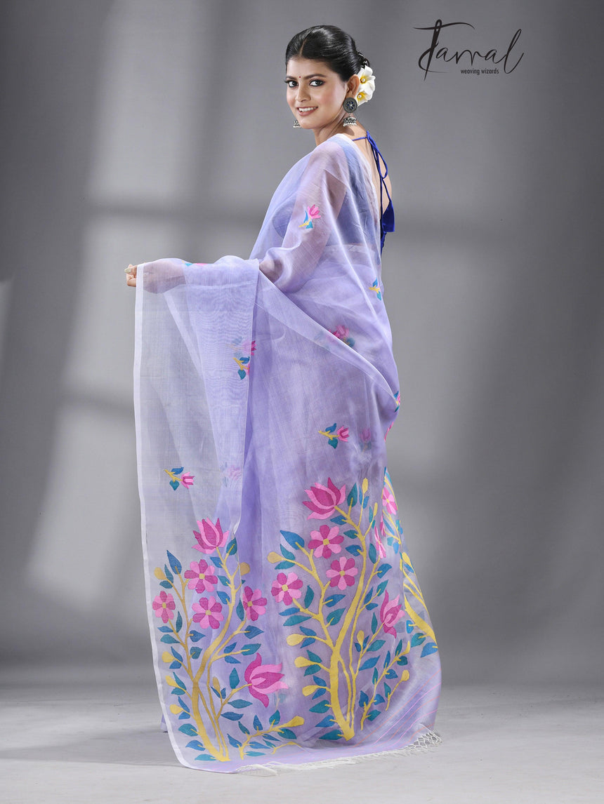 Periwinkle dreams muslin silk handwoven jamdani saree - Tamal Boutique