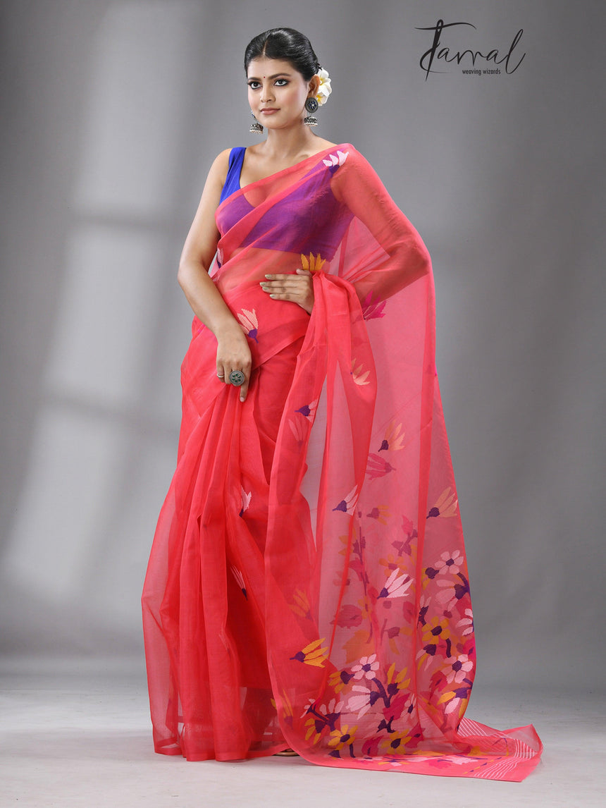 Hot Pink With Multi Colour Pallu Floral With Butas Allover Handwoven Jamadani Saree In Muslin Silk - Tamal Boutique