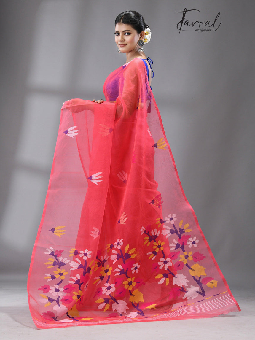 Hot Pink With Multi Colour Pallu Floral With Butas Allover Handwoven Jamadani Saree In Muslin Silk - Tamal Boutique