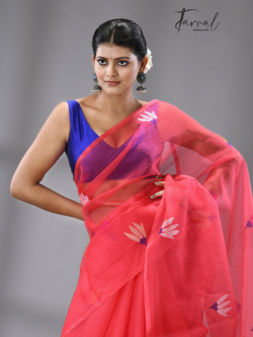 Hot Pink With Multi Colour Pallu Floral With Butas Allover Handwoven Jamadani Saree In Muslin Silk - Tamal Boutique