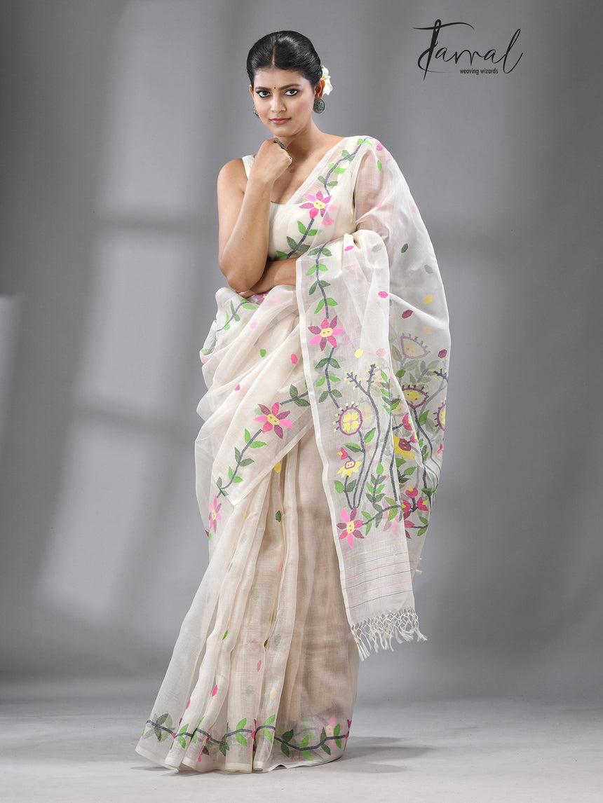 White with multicolour muslin silk floral lata design handwoven jamdani saree - Tamal Boutique