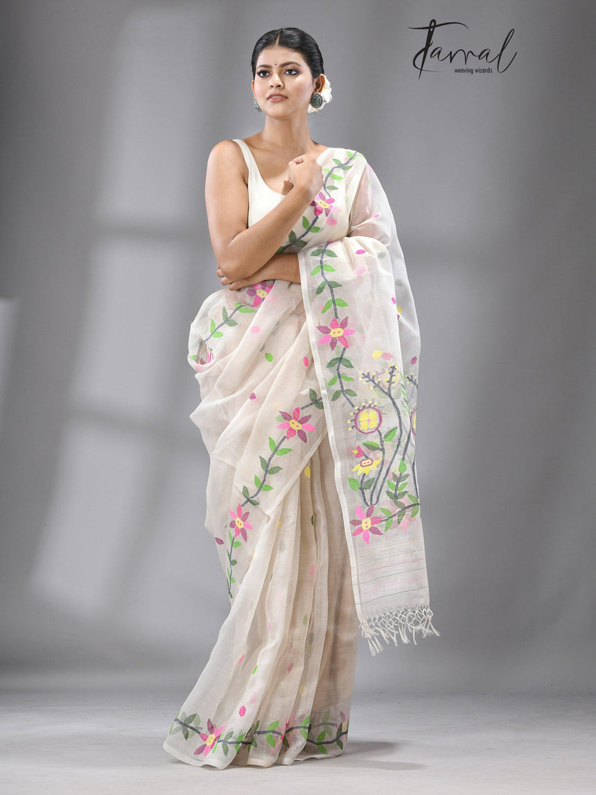 White with multicolour muslin silk floral lata design handwoven jamdani saree - Tamal Boutique