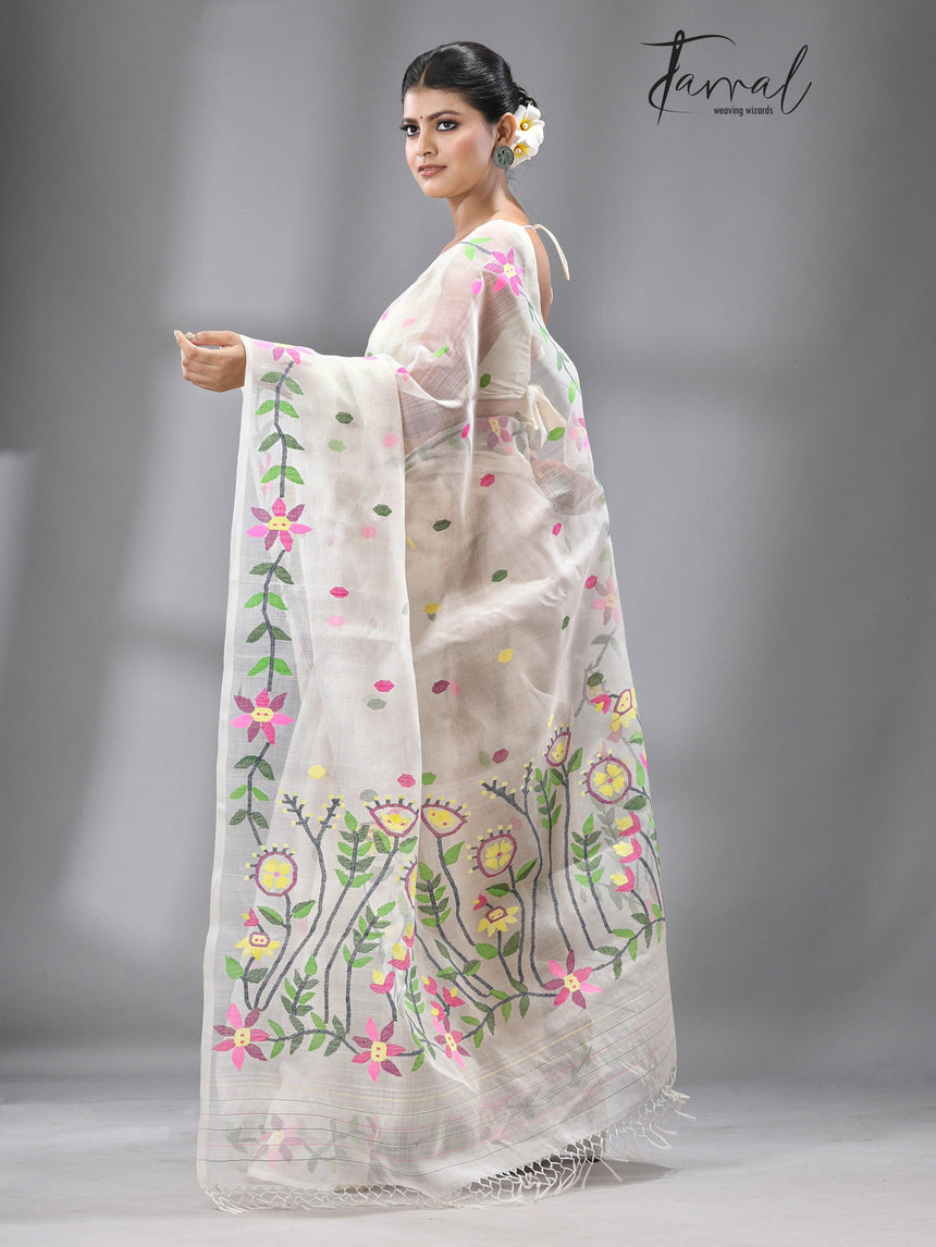 White with multicolour muslin silk floral lata design handwoven jamdani saree - Tamal Boutique