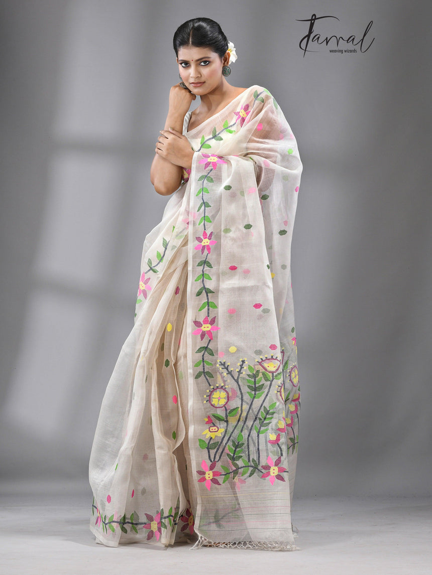 White with multicolour muslin silk floral lata design handwoven jamdani saree - Tamal Boutique
