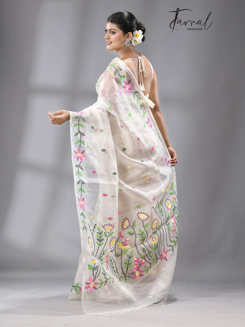 White with multicolour muslin silk floral lata design handwoven jamdani saree - Tamal Boutique