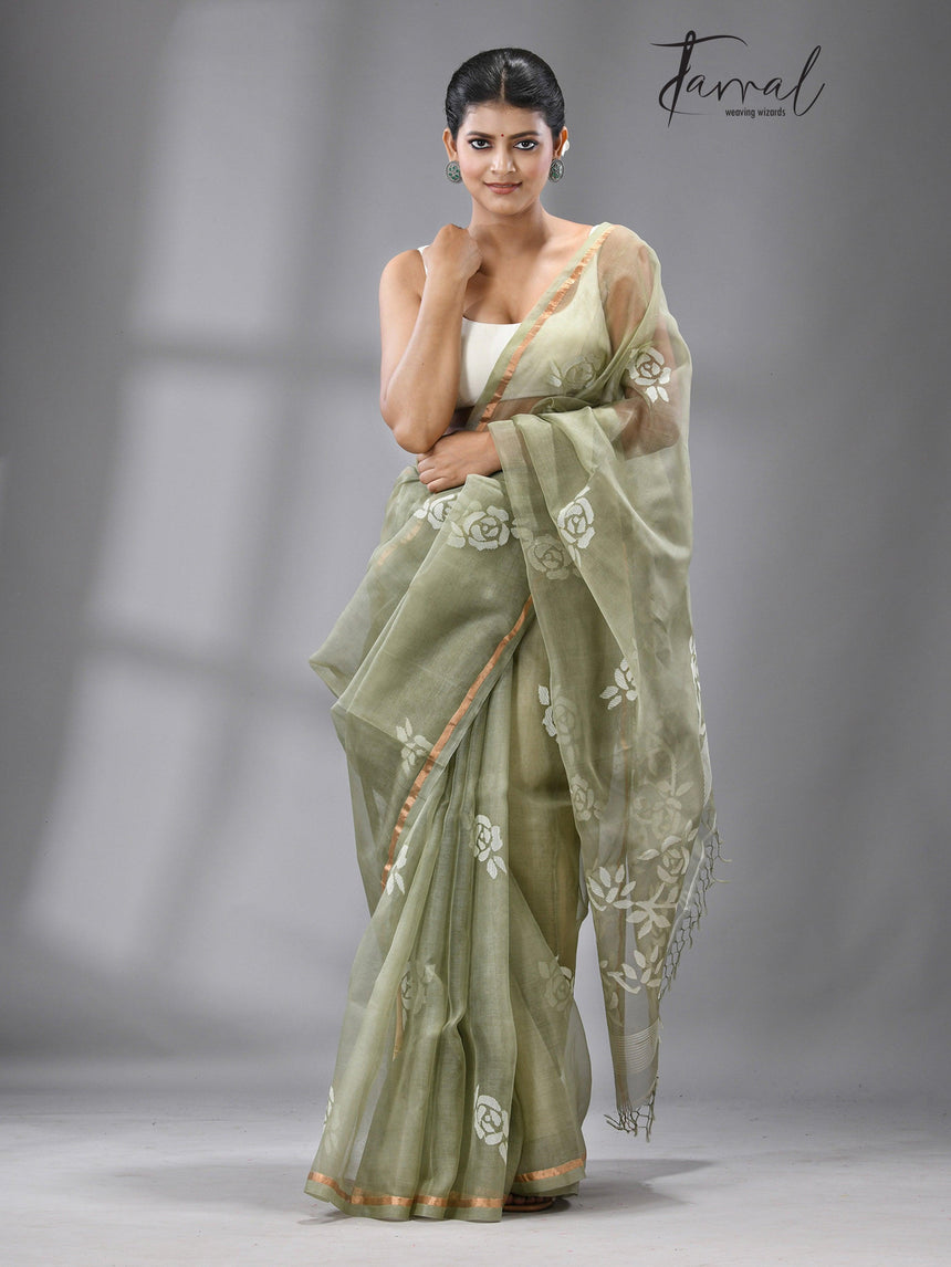 Olive green with white rose motifs handwoven jamdani in muslin silk saree - Tamal Boutique
