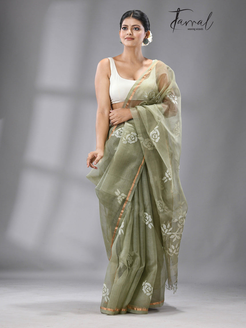 Olive green with white rose motifs handwoven jamdani in muslin silk saree - Tamal Boutique