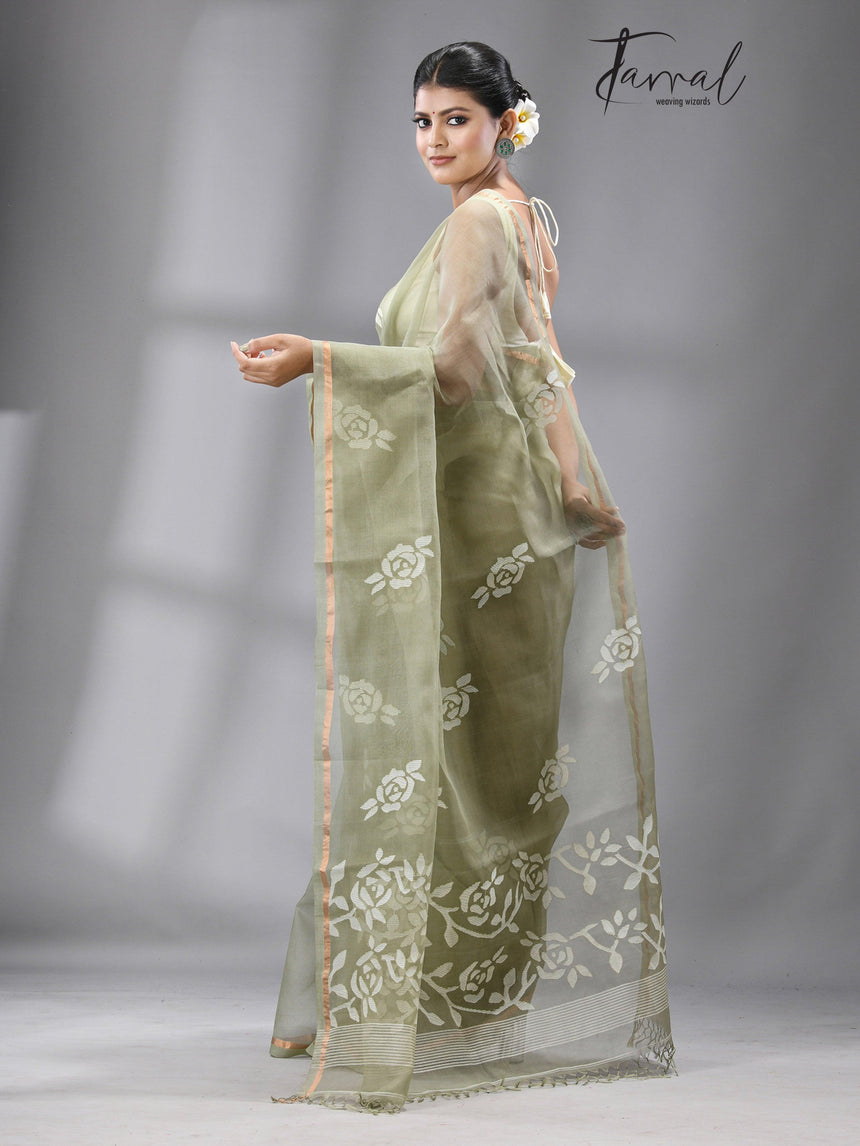 Olive green with white rose motifs handwoven jamdani in muslin silk saree - Tamal Boutique