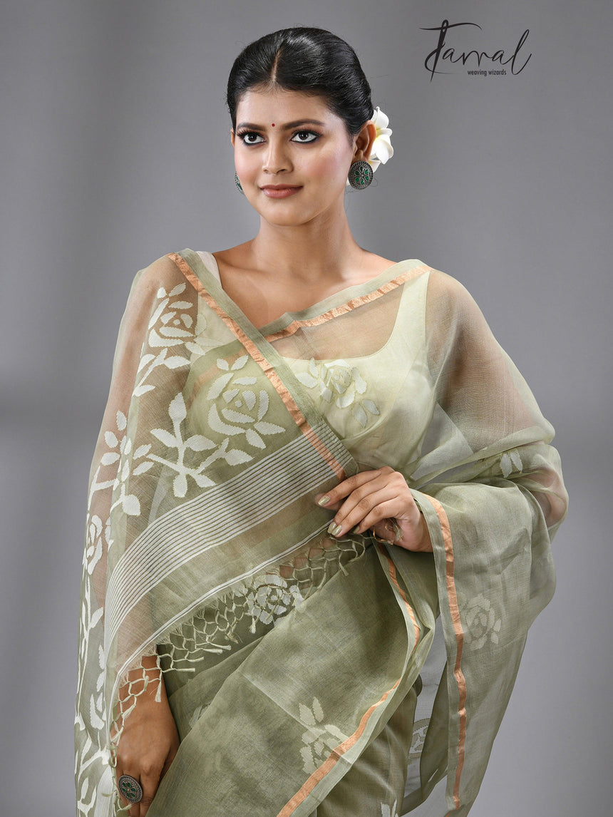Olive green with white rose motifs handwoven jamdani in muslin silk saree - Tamal Boutique
