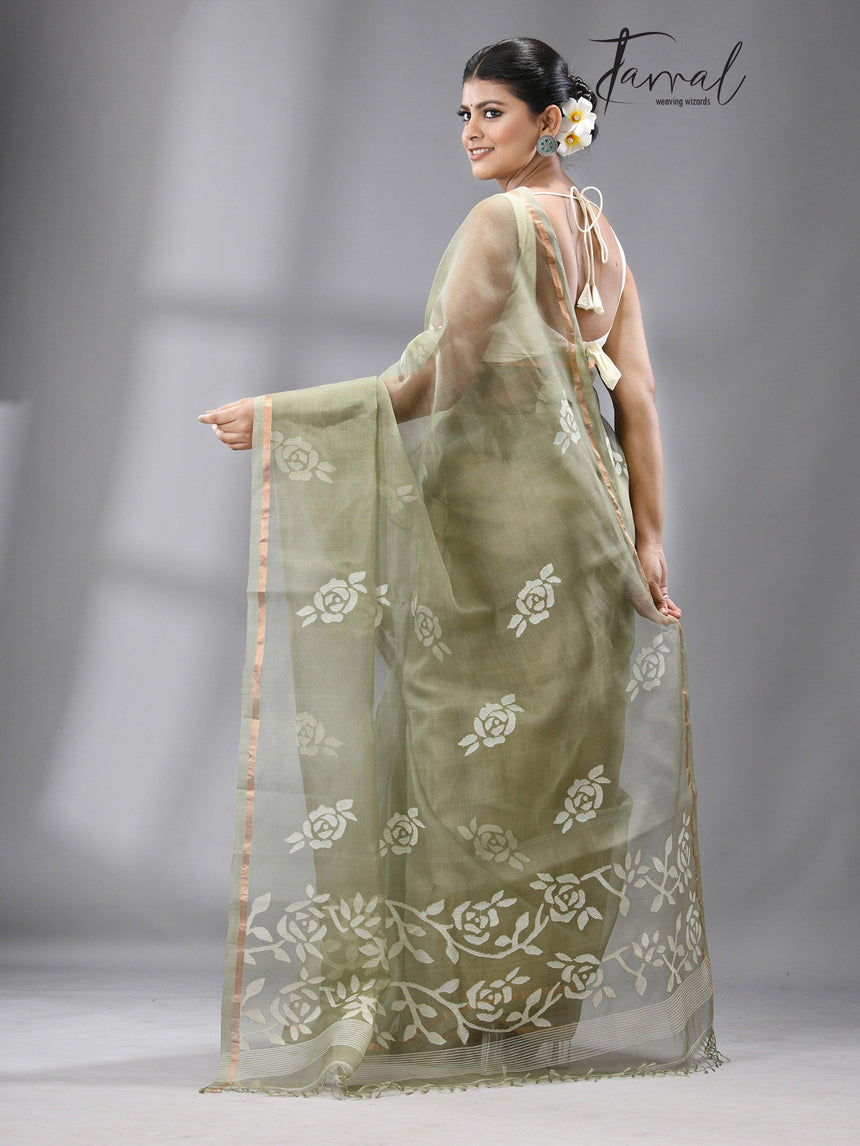 Olive green with white rose motifs handwoven jamdani in muslin silk saree - Tamal Boutique