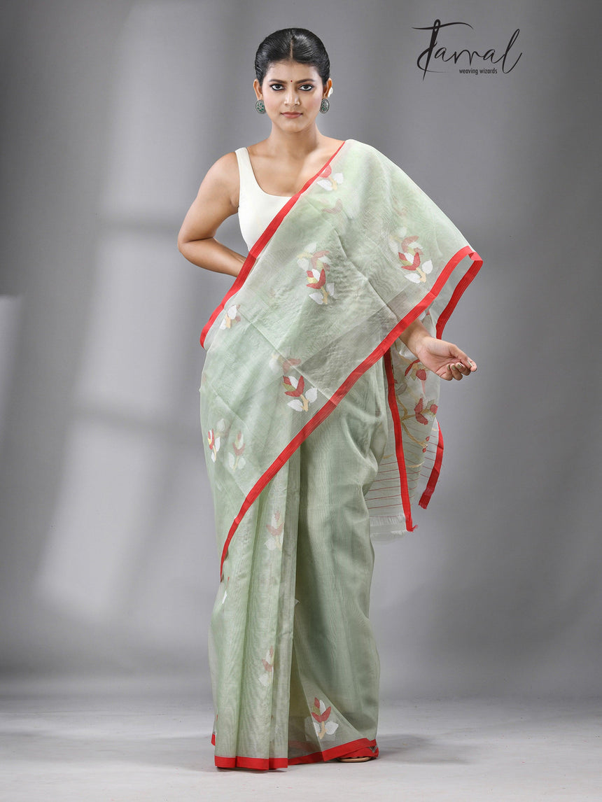 Olive green with red border floral buta handwoven jamdani in muslin silk - Tamal Boutique