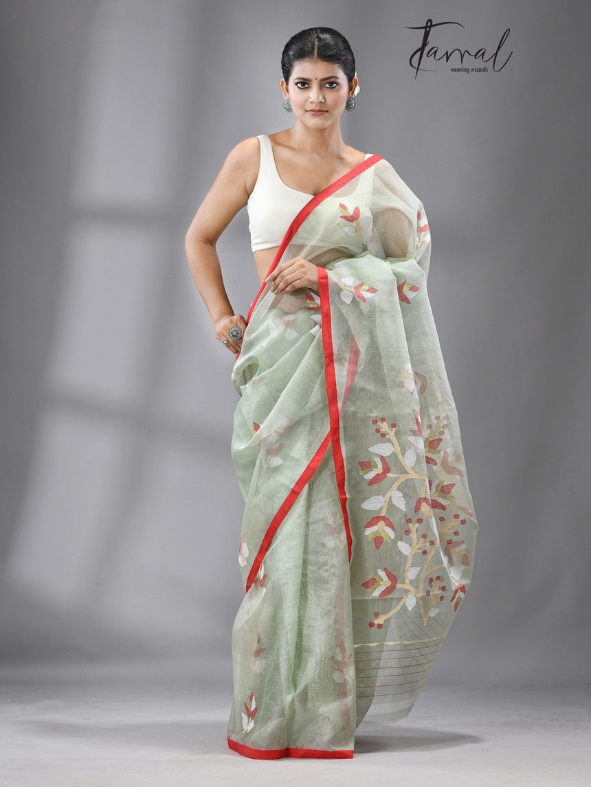 Olive green with red border floral buta handwoven jamdani in muslin silk - Tamal Boutique