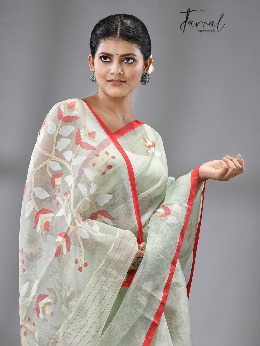 Olive green with red border floral buta handwoven jamdani in muslin silk - Tamal Boutique
