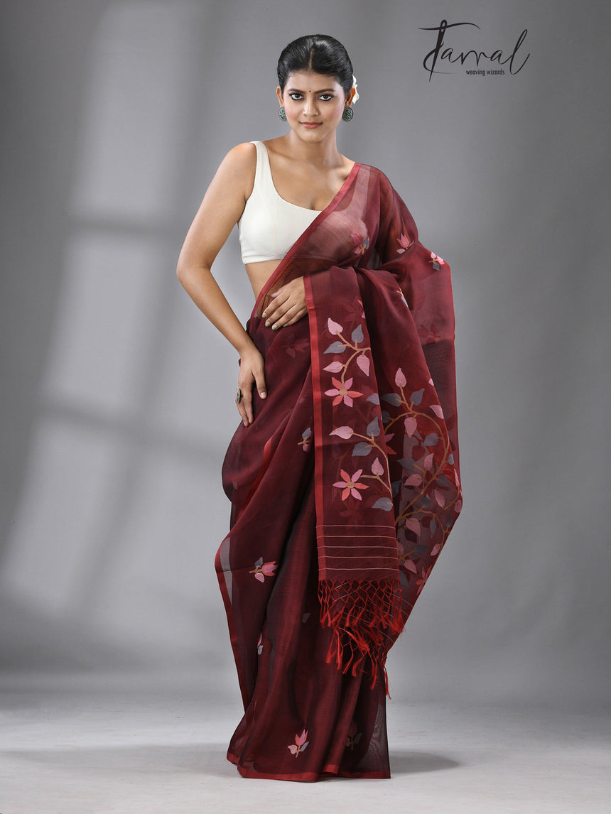 Wine with multi colour floral buta muslin silk handwoven jamdani saree - Tamal Boutique