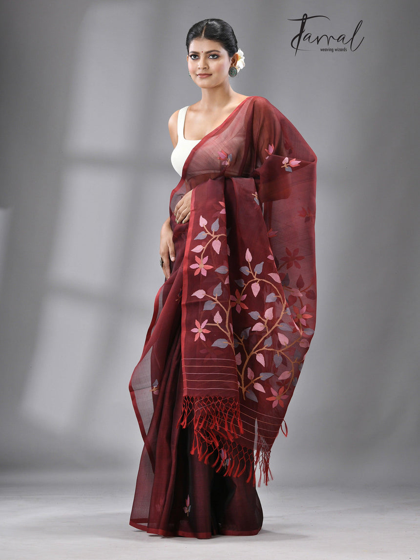 Wine with multi colour floral buta muslin silk handwoven jamdani saree - Tamal Boutique