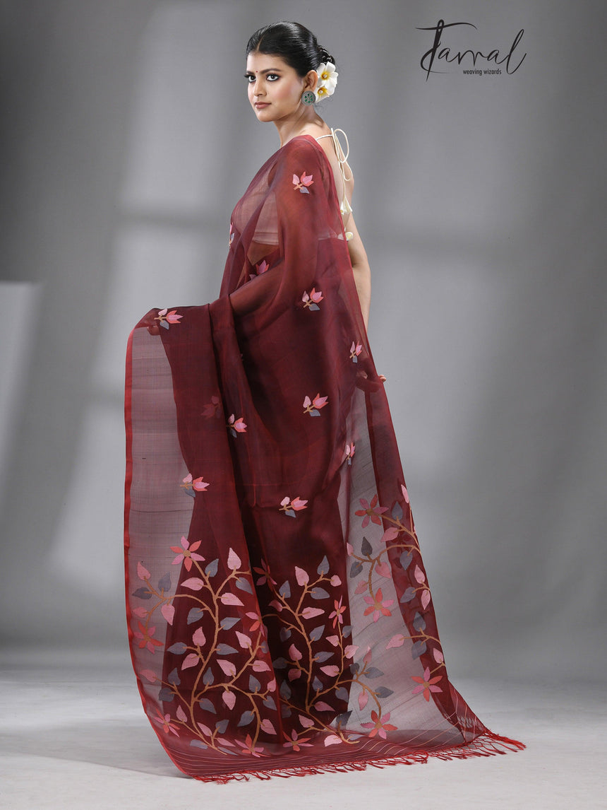 Wine with multi colour floral buta muslin silk handwoven jamdani saree - Tamal Boutique