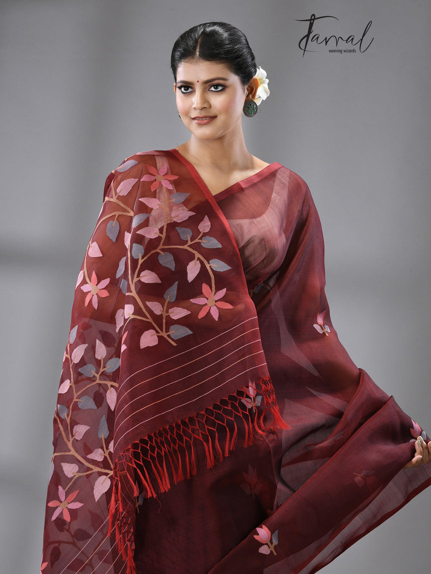 Wine with multi colour floral buta muslin silk handwoven jamdani saree - Tamal Boutique
