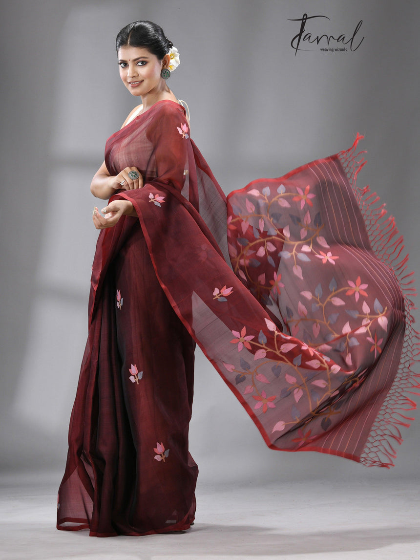 Wine with multi colour floral buta muslin silk handwoven jamdani saree - Tamal Boutique