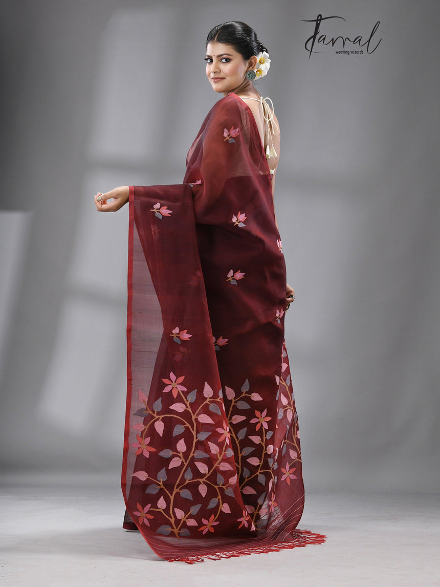 Wine with multi colour floral buta muslin silk handwoven jamdani saree - Tamal Boutique