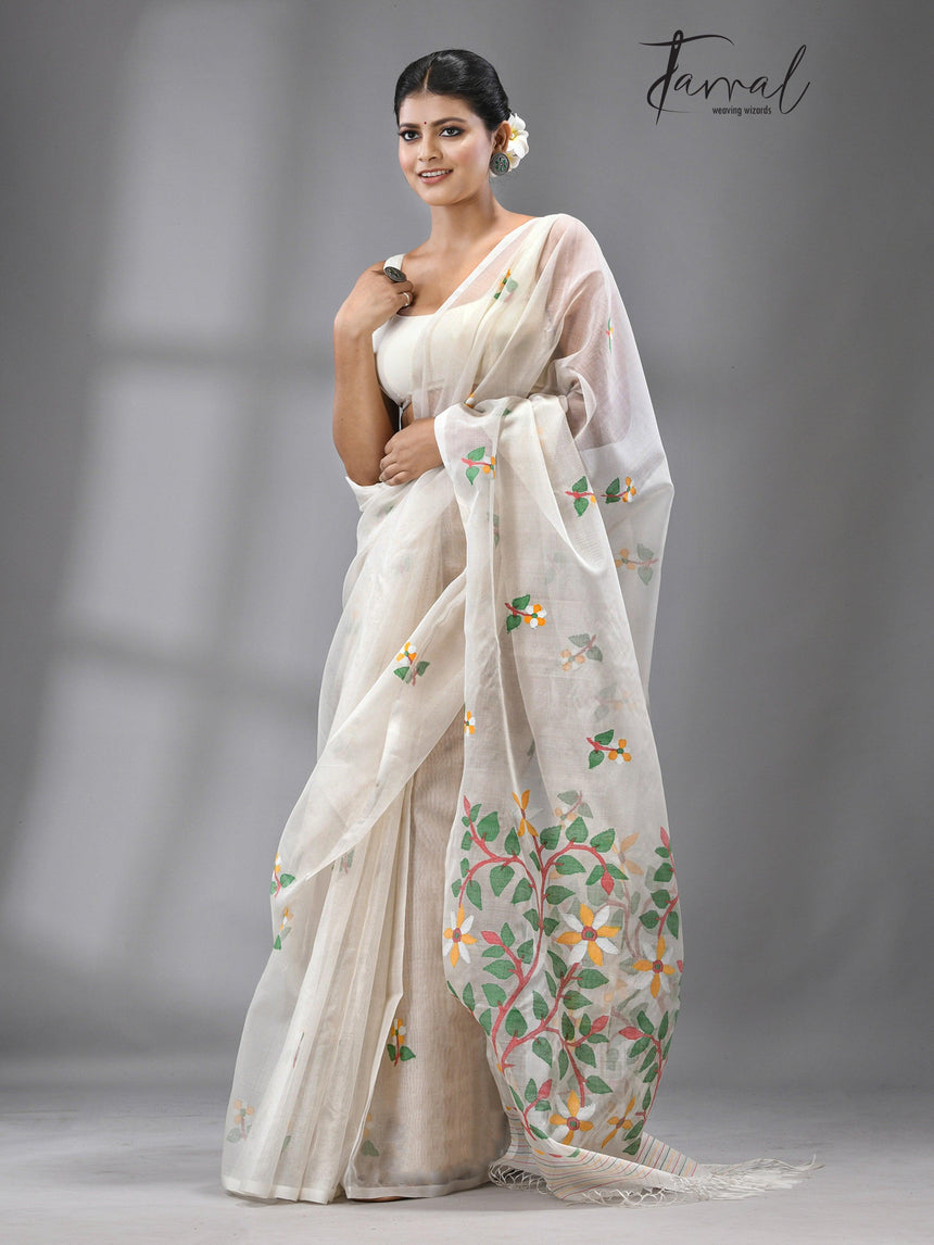 Periwinkle grace muslin silk handwoven jamdani saree - Tamal Boutique