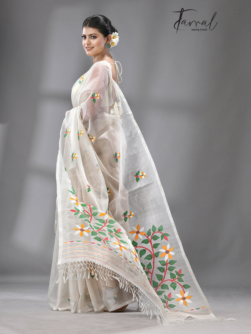 Periwinkle grace muslin silk handwoven jamdani saree - Tamal Boutique