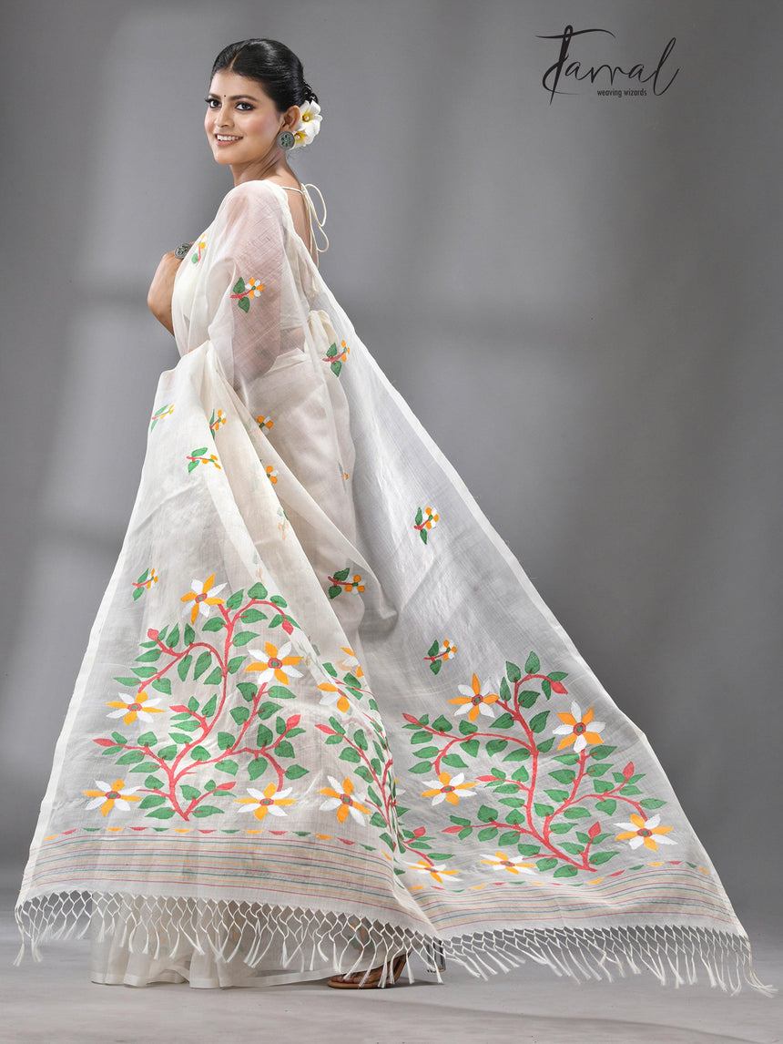 Periwinkle grace muslin silk handwoven jamdani saree - Tamal Boutique