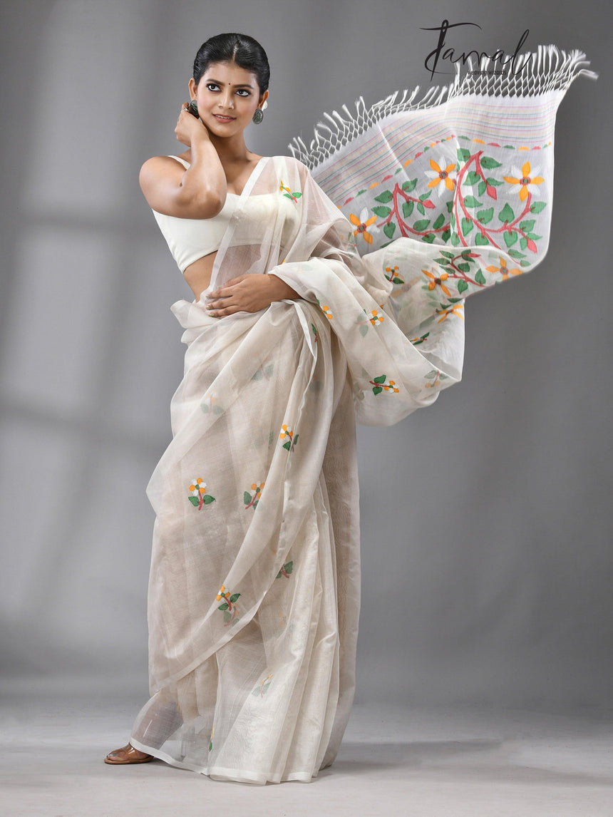 Periwinkle grace muslin silk handwoven jamdani saree - Tamal Boutique