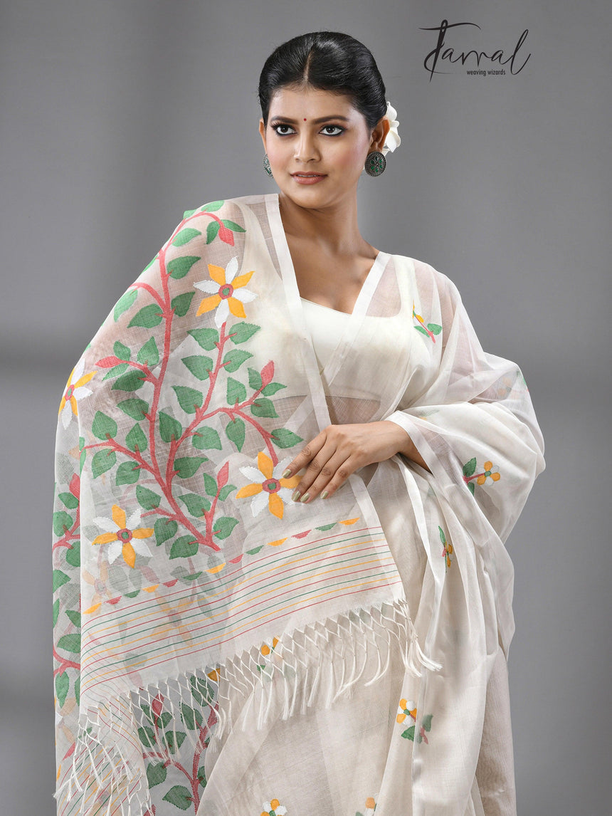 Periwinkle grace muslin silk handwoven jamdani saree - Tamal Boutique