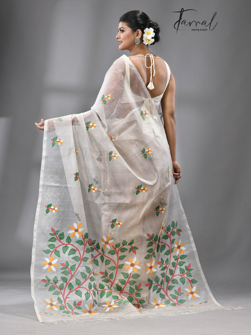 Periwinkle grace muslin silk handwoven jamdani saree - Tamal Boutique