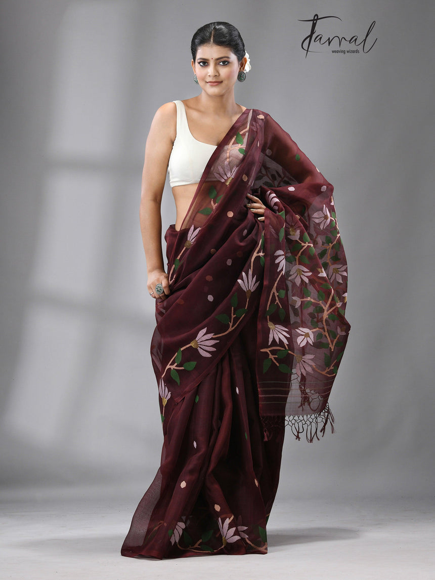 Chocolate Brown With Multi Colour Muslin silk Handwoven Jamdani Saree - Tamal Boutique