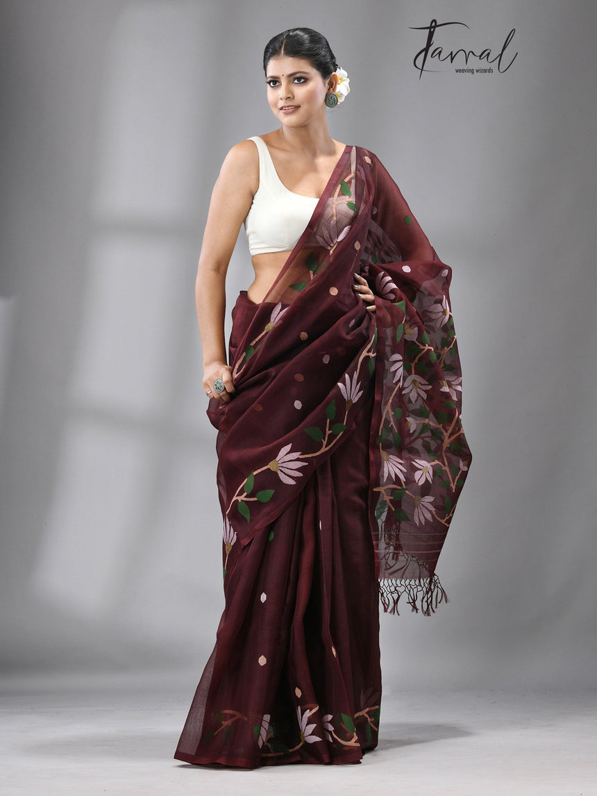 Chocolate Brown With Multi Colour Muslin silk Handwoven Jamdani Saree - Tamal Boutique