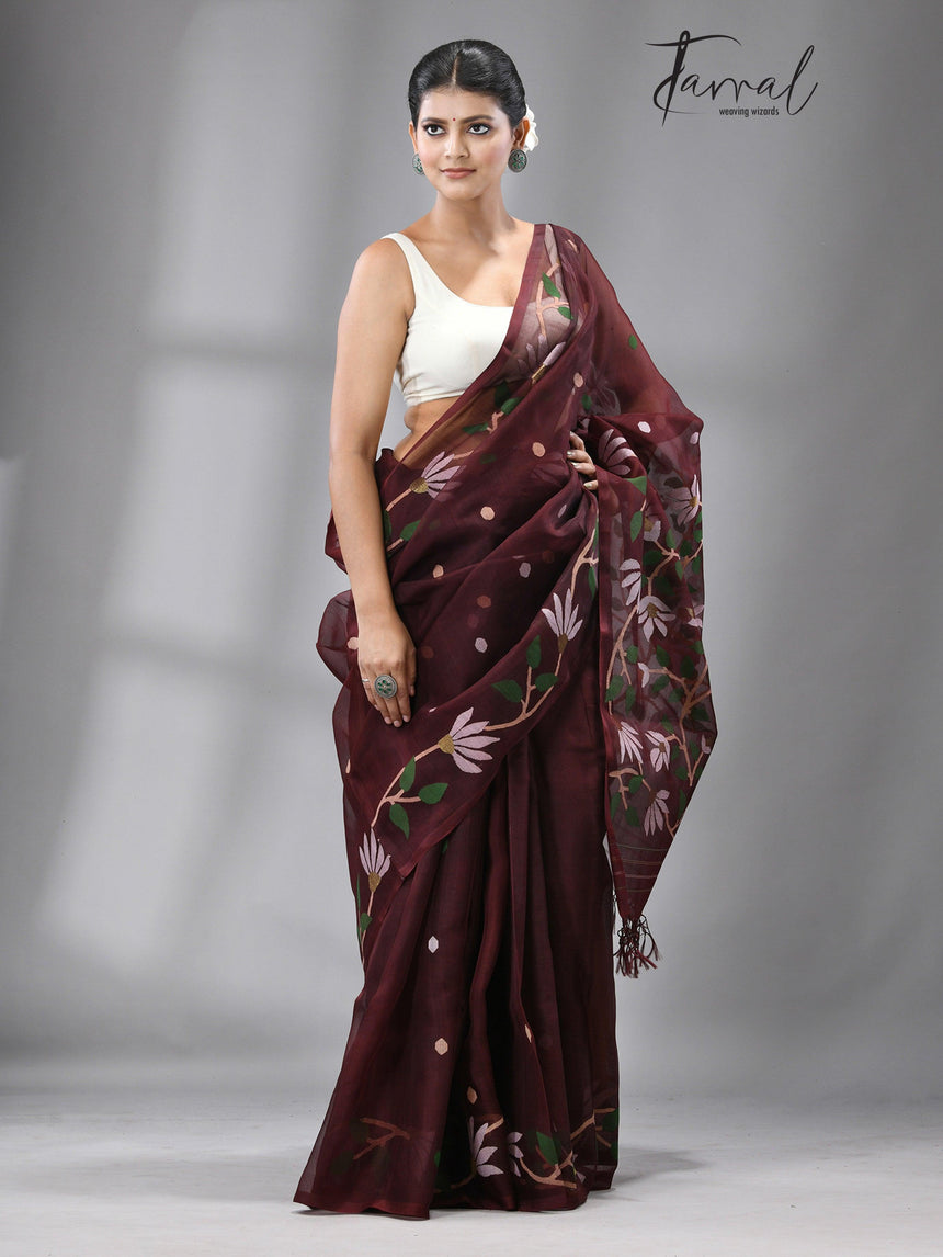 Chocolate Brown With Multi Colour Muslin silk Handwoven Jamdani Saree - Tamal Boutique