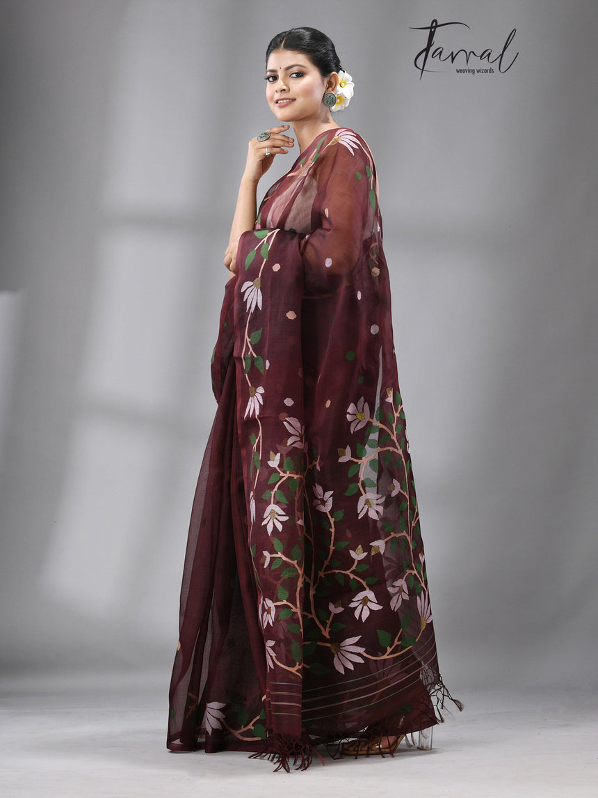 Chocolate Brown With Multi Colour Muslin silk Handwoven Jamdani Saree - Tamal Boutique