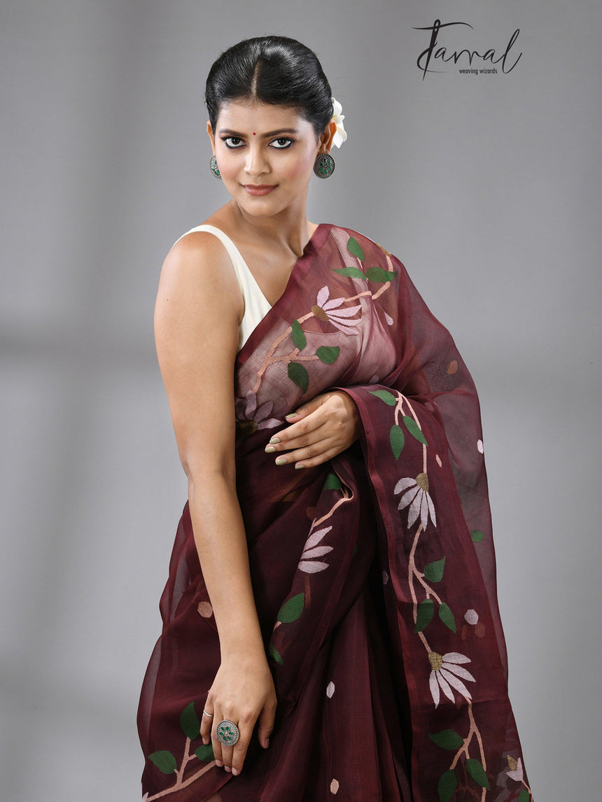 Chocolate Brown With Multi Colour Muslin silk Handwoven Jamdani Saree - Tamal Boutique