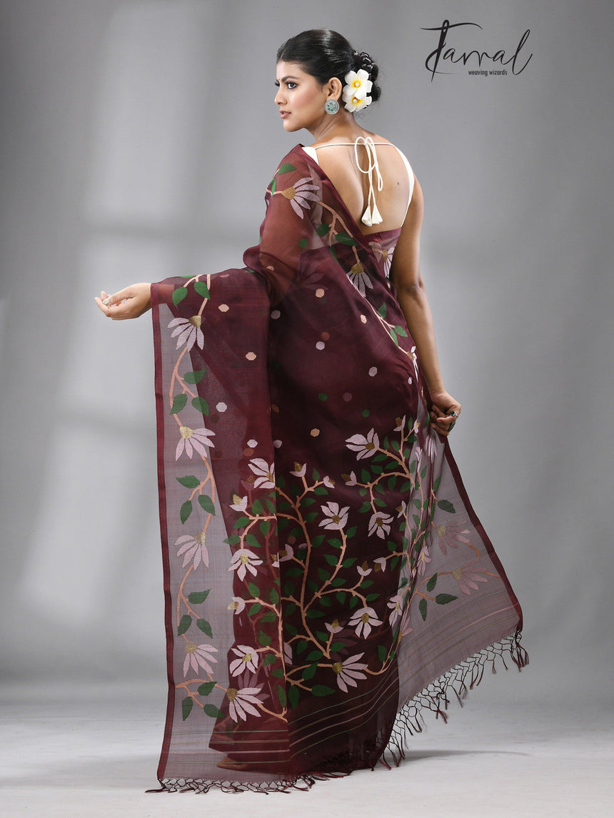Chocolate Brown With Multi Colour Muslin silk Handwoven Jamdani Saree - Tamal Boutique