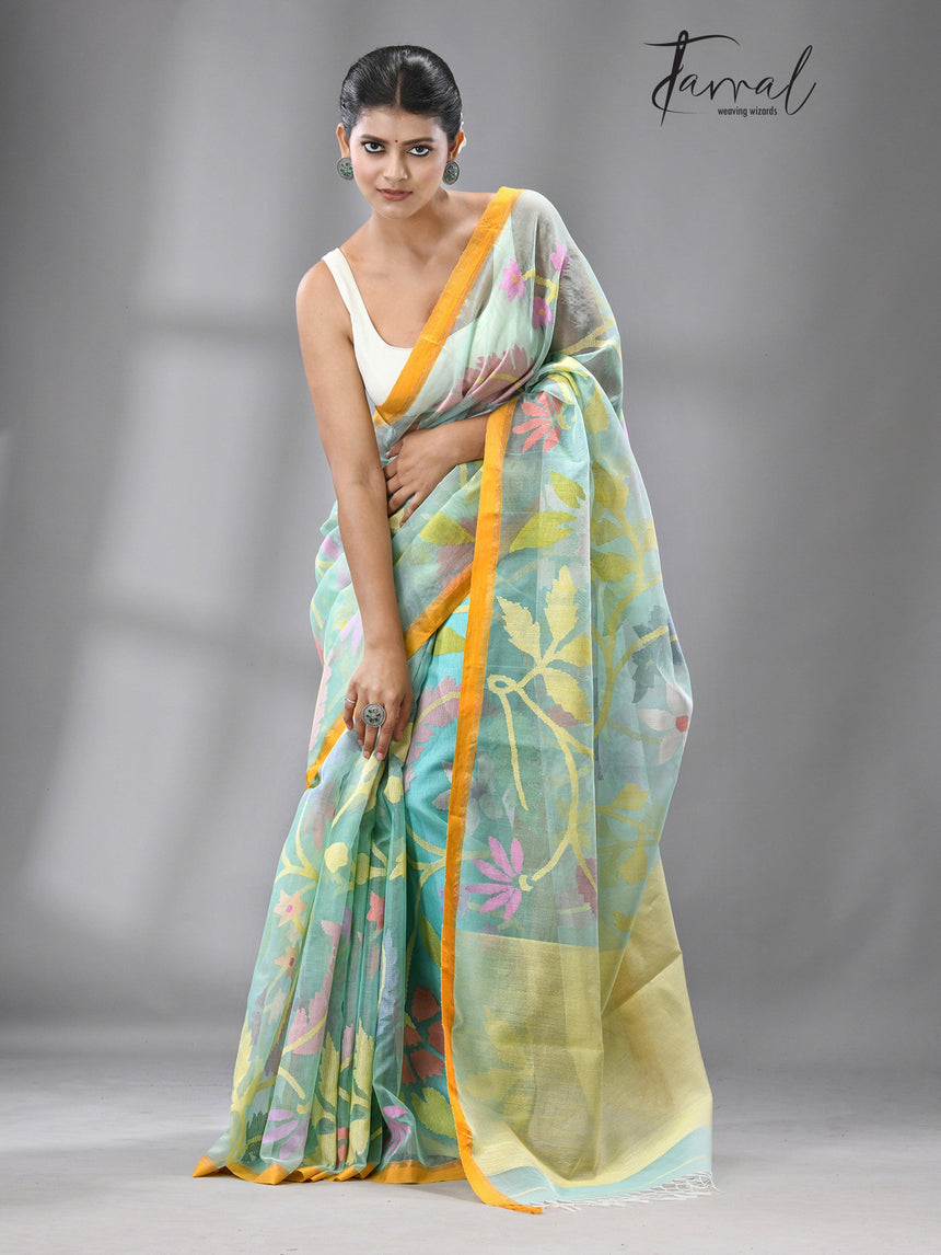 Firoza With Yellow border Multi Colour Allover Floral Muslin Silk Handwoven Jamdani Saree - Tamal Boutique