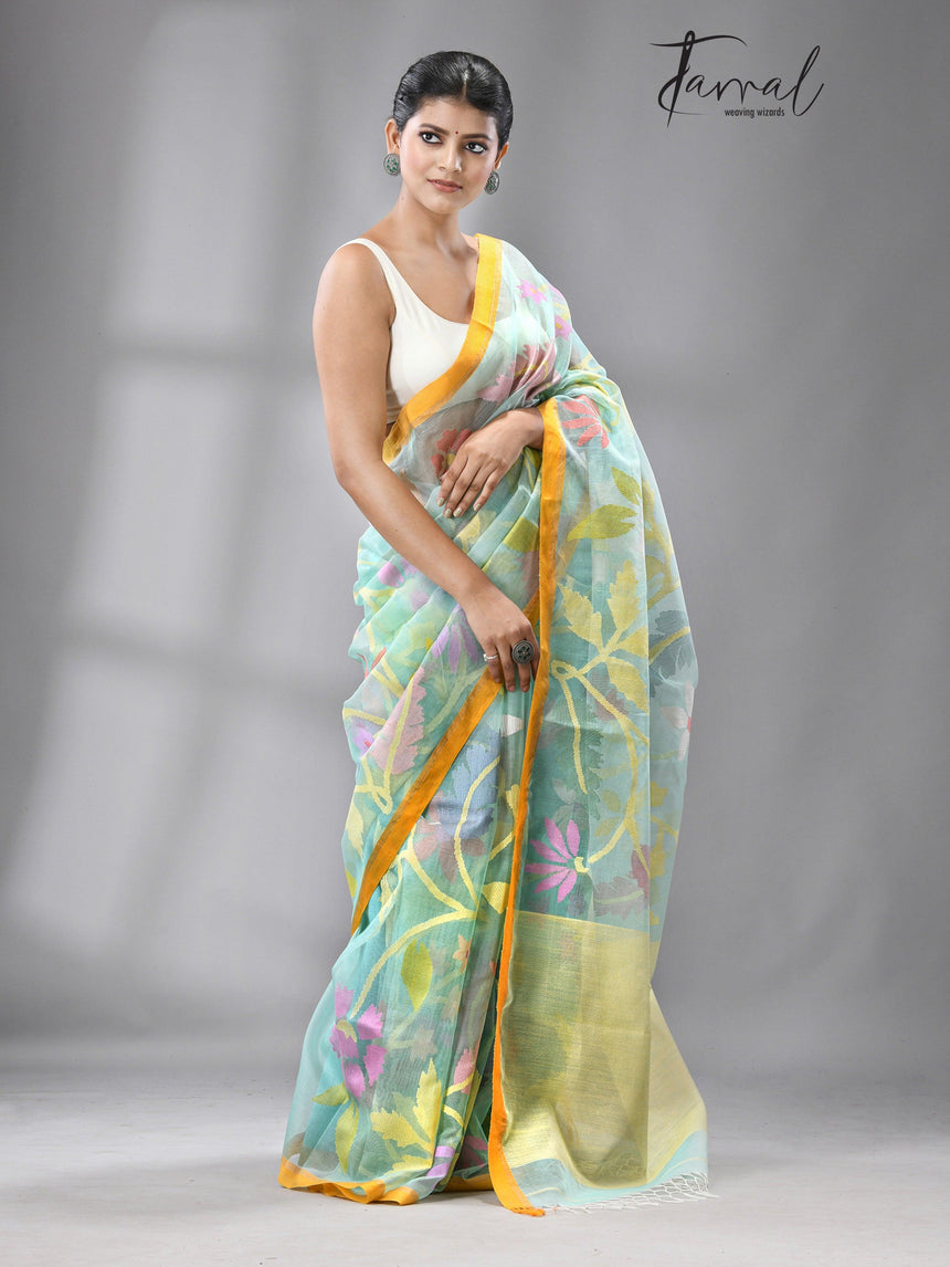 Firoza With Yellow border Multi Colour Allover Floral Muslin Silk Handwoven Jamdani Saree - Tamal Boutique